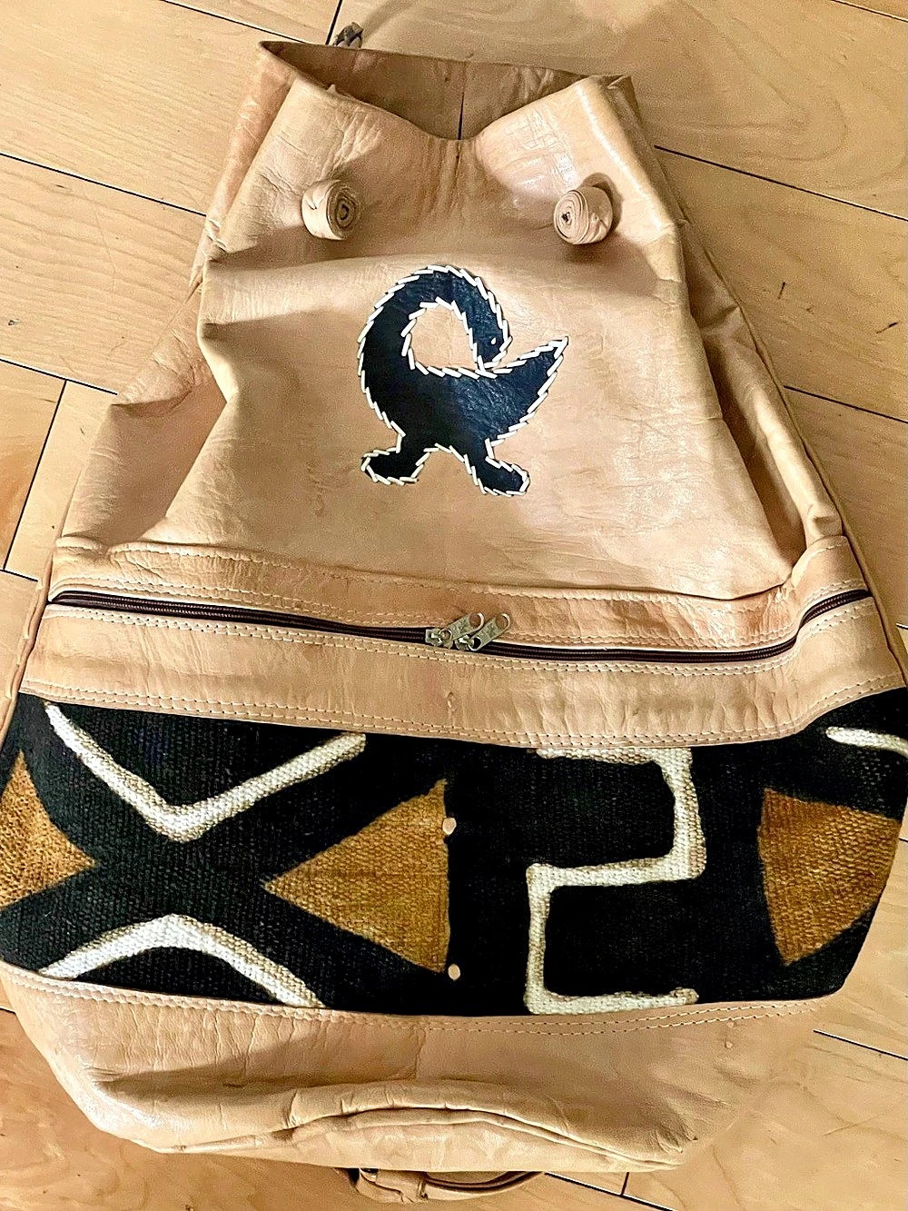 Tan & Black Geometric Backpack